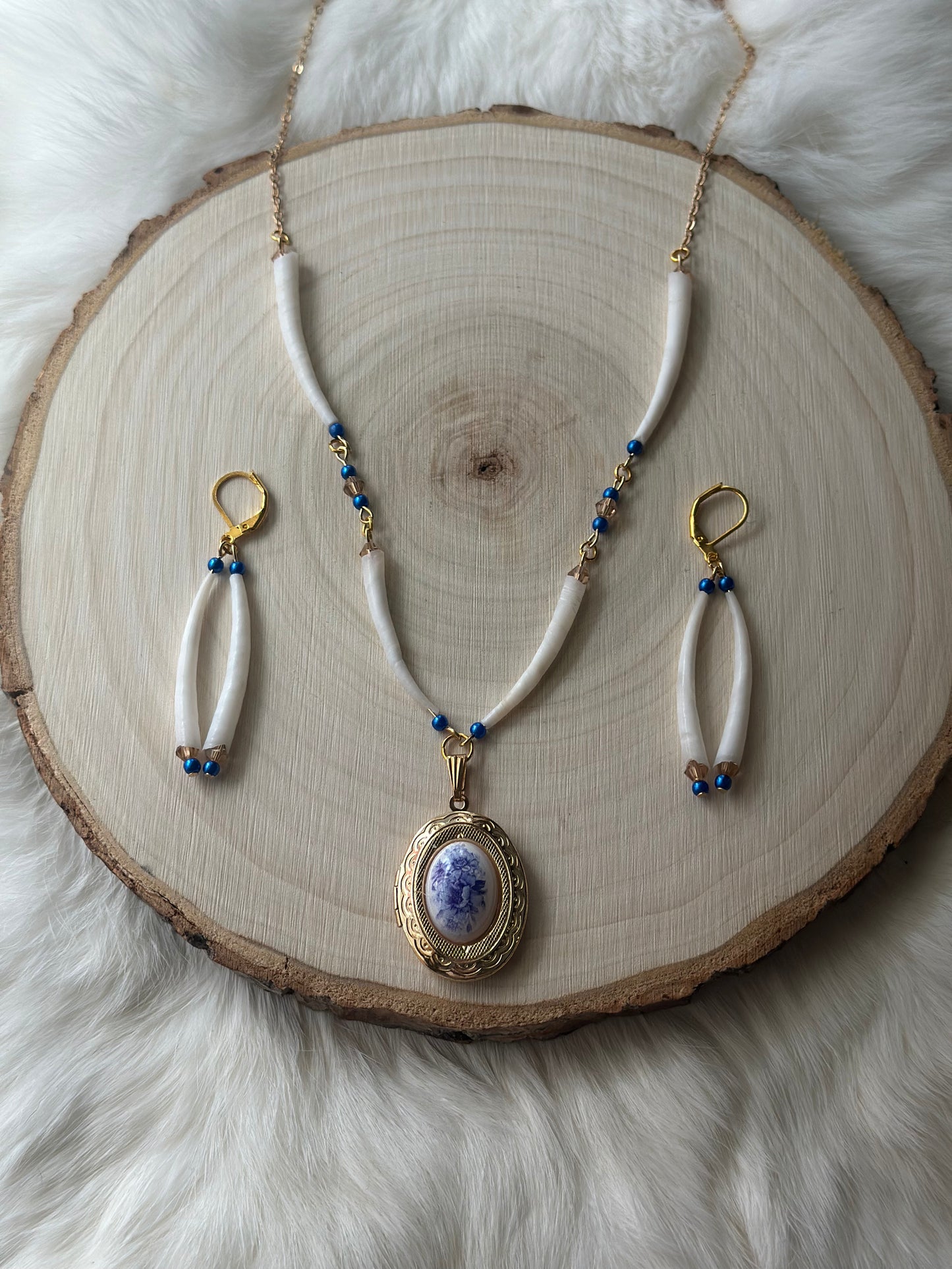 Hypoallergenic- Elegant Dentalium, Locket & Earrings Set