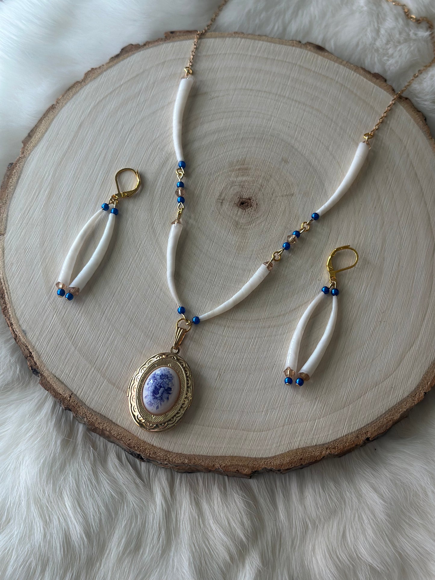 Hypoallergenic- Elegant Dentalium, Locket & Earrings Set